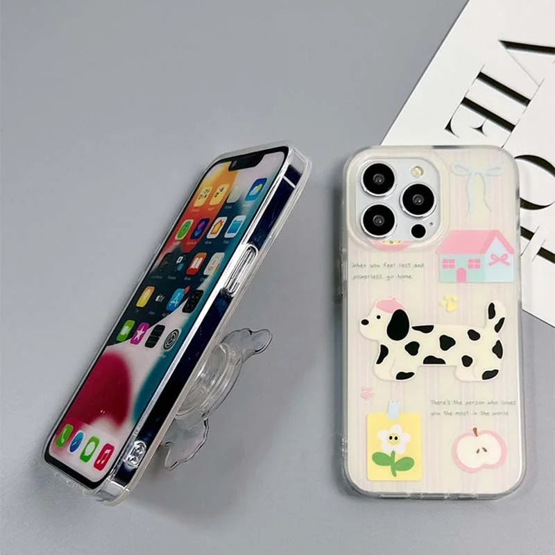 VELORA Playful Pup – Striped Puppy Case with Matching Phone Holder
